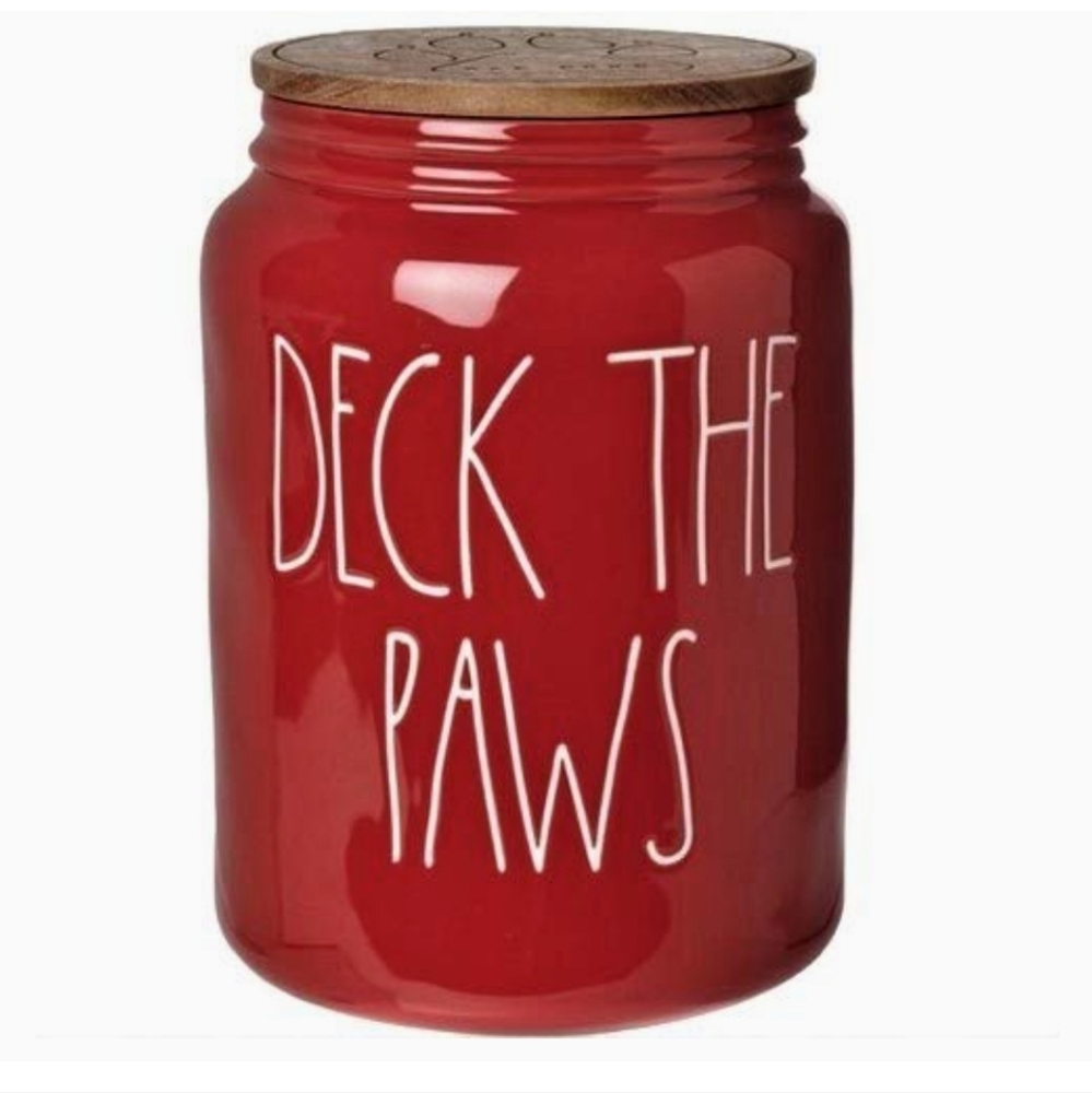 👀50% OFF - NWOT‼️ Rae Dunn brand "Deck the Paws" Dog Treat Canister w/ Wood Lid